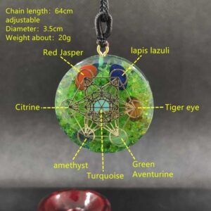 chakra jewelry picture of a green rounded pendant with the chakra colors  